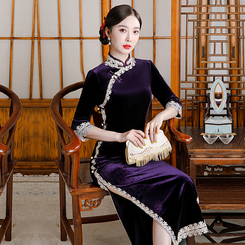 紫色丝绒旗袍妈妈秋冬长袖弹力裙