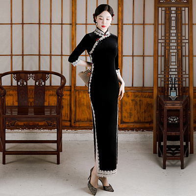 黑色丝绒旗袍妈妈弹力长袖春秋装