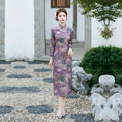 紫色长袖旗袍妈妈秋季女装高级感