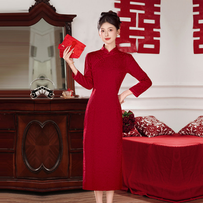 红色长袖旗袍冬装胖mm170斤大码