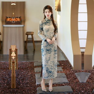 水墨风景旗袍加绒长袖保暖冬季厚女装妈妈新中式年轻款复古中国风