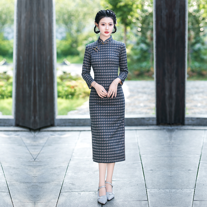 千鸟格日常长袖旗袍保暖复古秋季