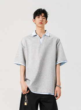 GBOY studio亿万少年nans男装SHIJOIN时有假两件夏季短袖休闲上衣