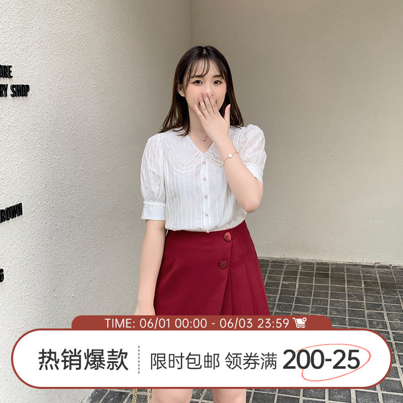 【125斤唐不灵Bling】荷叶边短袖大码白衬衫女夏季新款微胖MM上衣