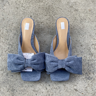 西班牙2024夏季新款百搭超大蝴蝶结蓝色低跟鞋外穿绒面猫跟凉拖鞋