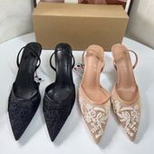 西班牙2025春季 细跟后绊带露跟女凉鞋 新品 气质尖头刺绣网面高跟鞋