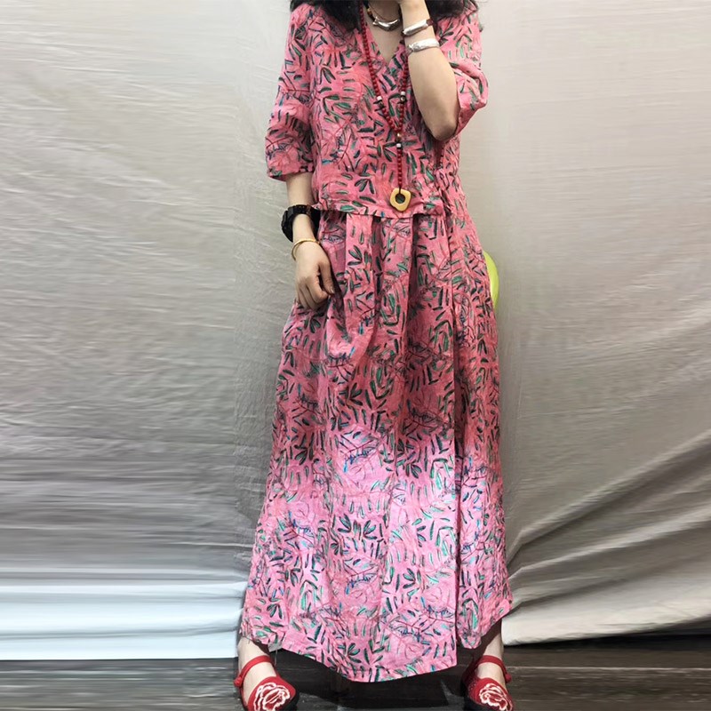 夏天丝麻连衣裙亚麻料碎花法国复古长裙脚踝仙气森系大码气质减龄在类目 女装/女士精品, 大码女装中 - 来自Buy2taobao.com提供专业的淘宝代购服务