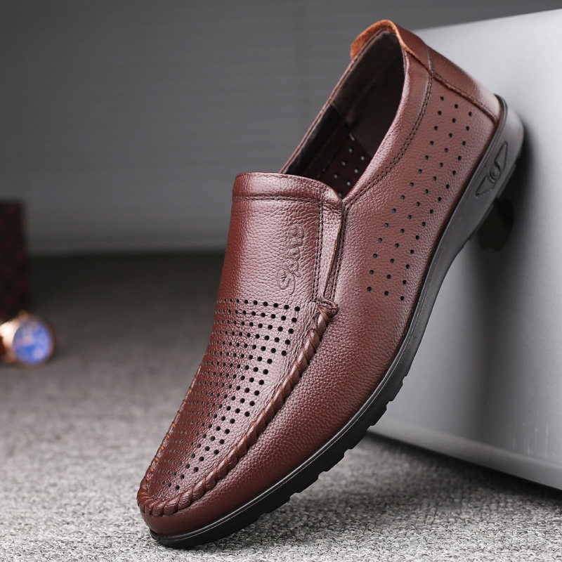 男士皮凉鞋男真皮中年软底皮鞋男夏季透气镂空洞洞鞋夏天休闲皮鞋