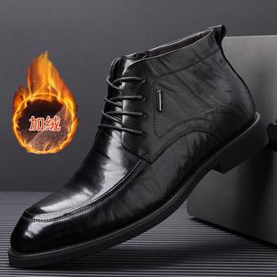 内增高男鞋2025冬季时尚加绒头层羊皮保暖羊皮靴软底软面商务鞋男