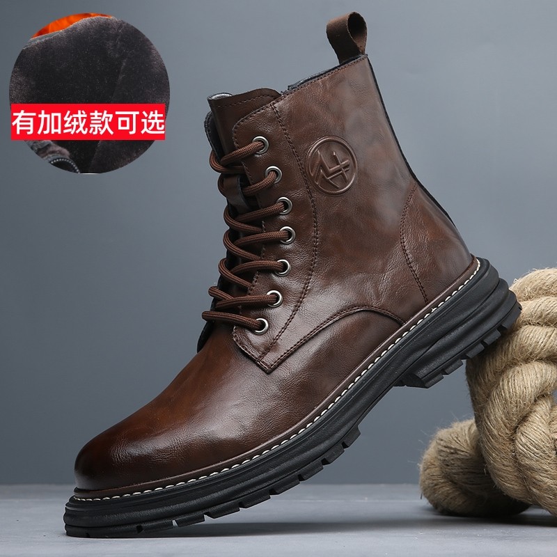 马丁靴男款冬季新款真皮高帮皮鞋工装靴子英伦风中帮黑色加绒皮靴