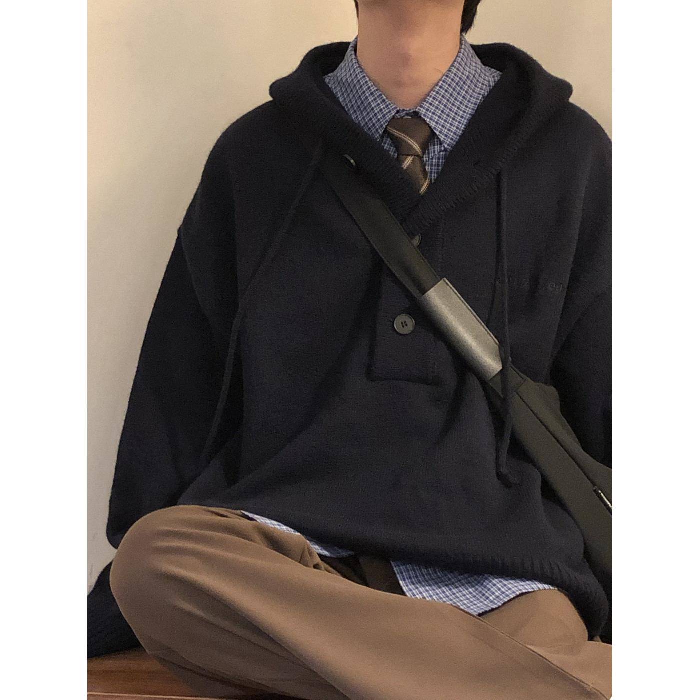NAGAWL2025秋冬美式覆古学院风设计感半开领连帽套头针织衫毛衣男