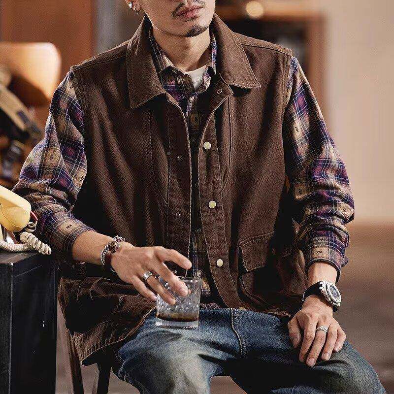 DNZ美式复古工装马甲士秋户外男山系战术春宽松牛仔坎夹肩克外套
