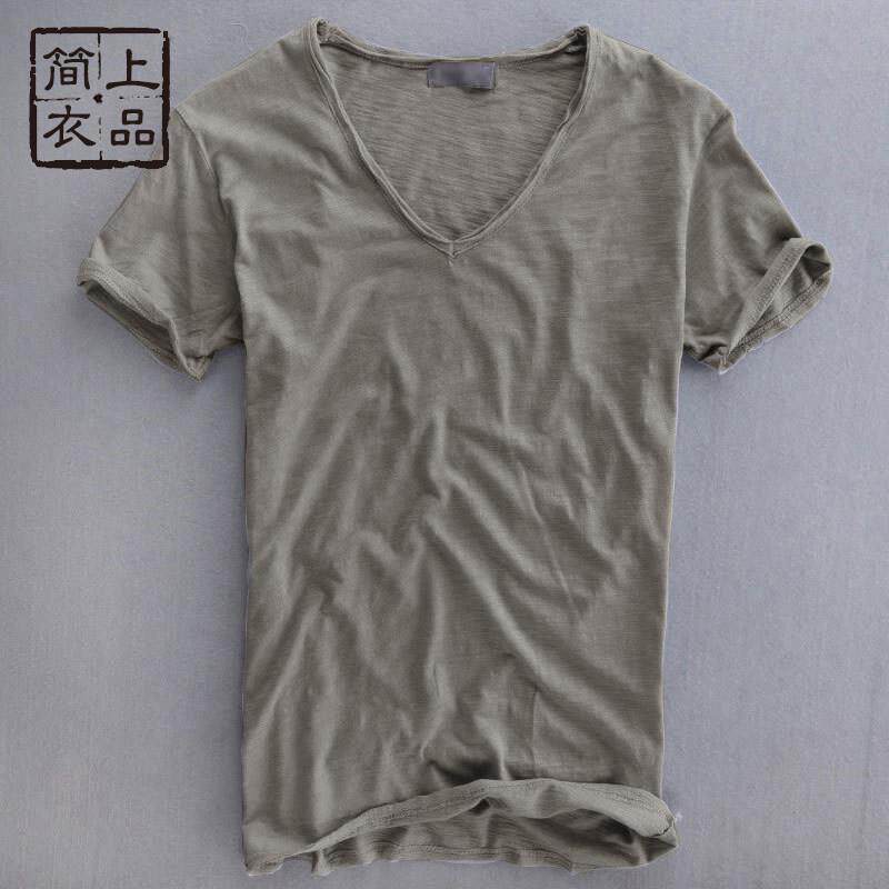 夏季竹节棉男士短袖T恤纯棉欧美简约纯色T恤V领修身毛边做旧薄款T