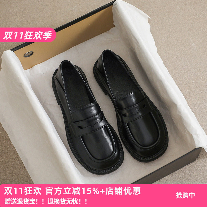 少女心啊 秋季黑色英伦小皮鞋女透气一脚蹬乐福鞋圆头可两穿女鞋