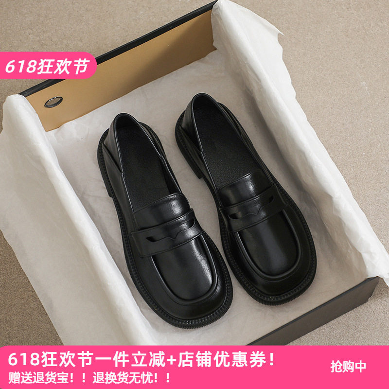 少女心啊 秋季黑色英伦小皮鞋女透气一脚蹬乐福鞋圆头可两穿女鞋