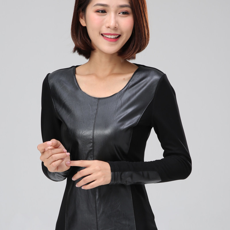 打底衫女长袖2020秋季加绒百搭时尚pu皮加厚保暖洋气冬小衫T恤潮