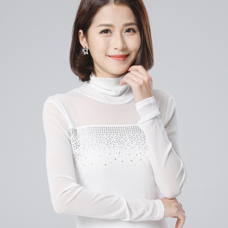 2021秋冬装新款女装V领网纱打底衫长袖T恤纯色百搭纱袖大码修身钻