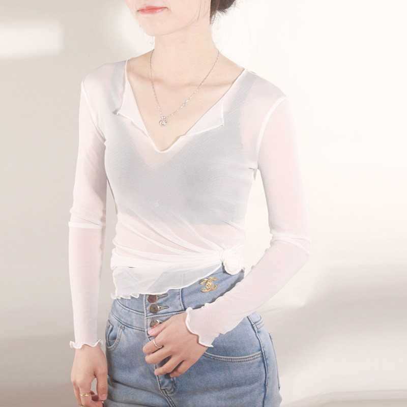 网纱新款网状镂空修身t恤网纱内搭上衣打底衫女长袖2022春夏装新