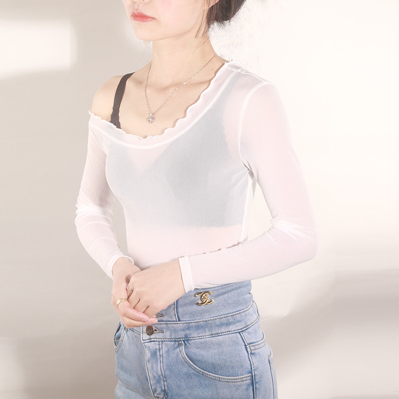 2022夏装长袖t恤女白色露肩一字领上衣修身显瘦网纱修身打底衫潮