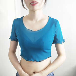 内搭网纱打底衫半截短袖透明T恤半身透视女上衣修身罩衫夏韩版薄