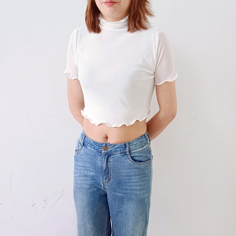 2021年新款夏天小高领打底衫女薄款网纱黑色短袖t恤修身短款上衣