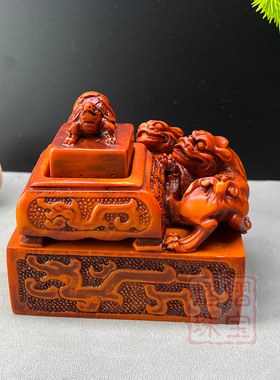 仿红木做旧复古回纹瑞兽钮印章镇宅装饰摆件文房装饰家居风水摆件