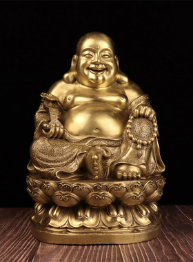 黄铜弥勒佛摆件坐莲花佛大肚笑佛如意佛办公室店铺家居客厅装饰品