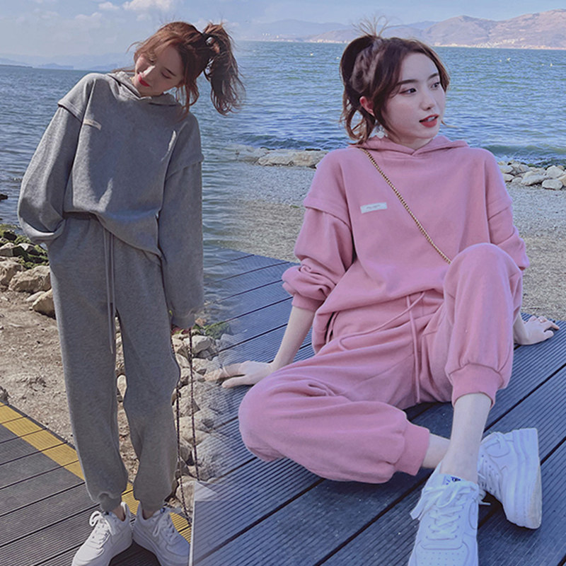 임산부 가을 외출복 패셔너블한 인터넷 연예인 임산부 수트 트렌디한 엄마들의 루즈한 캐주얼 맨투맨 봄 가을 상의 투피스 세트