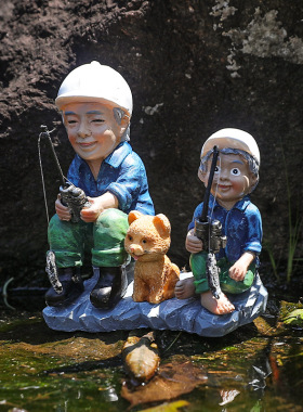 跨境北欧简约父子钓鱼树脂摆件假山家居盆栽景观插件树脂工艺品