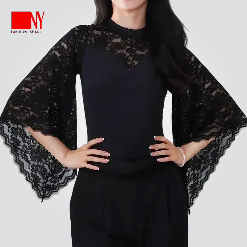 NY纳艺舞蹈服高领蕾丝喇叭袖上衣立领练习服女士摩登舞上装24201S