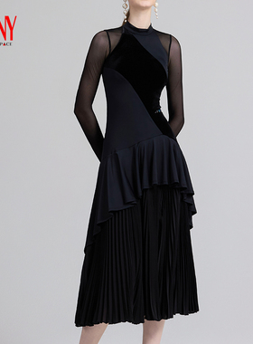 NY纳艺拼接压褶练习裙黑色冰丝摩登裙拉丁舞服练功服连衣裙22237M