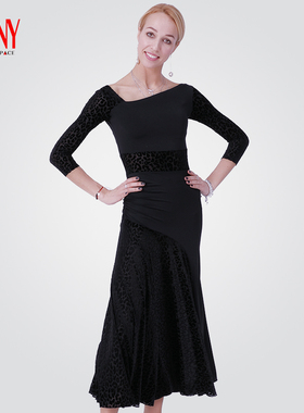 NY纳艺摩登舞舞裙拉丁舞女舞蹈裙弹力丝绒烧花长裙舞蹈服16166MD