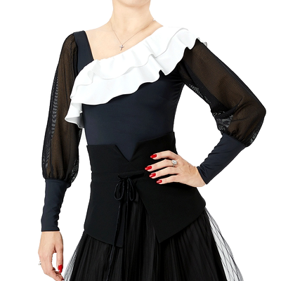 纳艺撞色荷叶边女上衣摩登练习服