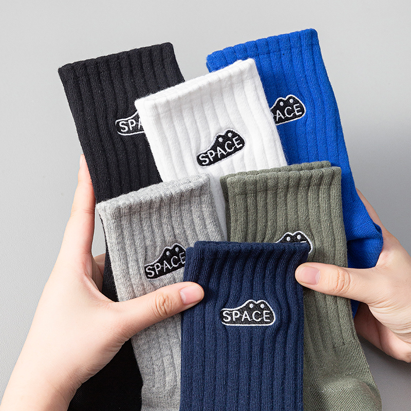 抗菌男100%纯棉刺绣长筒袜