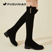 富贵鸟轻便尖头粗跟加绒轻便长筒靴纯色长筒靴防水台时尚 女靴1149