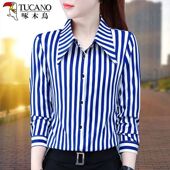 新款 春秋季 中年妈妈洋气上衣雪纺百搭衬衣 女士长袖 啄木鸟条纹衬衫