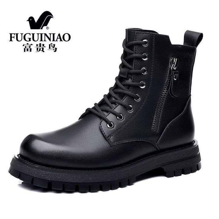 富贵鸟男鞋真皮马丁靴男冬季高帮加绒保暖棉鞋内增高皮鞋潮流皮靴