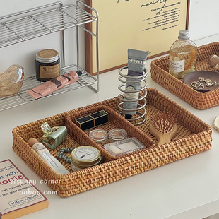 日式 藤编桌面收纳盒长方形化妆品整理托盘ins风杂物收纳筐置物盘