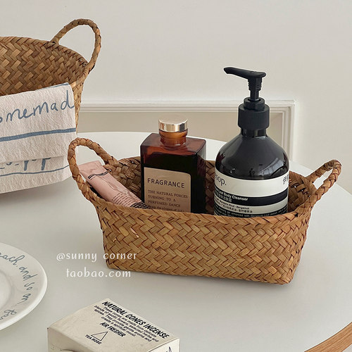 ins草编带手提桌面收纳筐