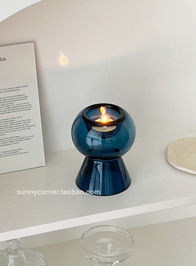 ins蓝色玻璃烛台插花水养花瓶摆件简约现代餐桌装饰香薰蜡烛台座