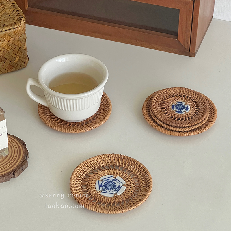 中式复古陶瓷藤编杯垫隔热垫