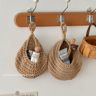 北欧ins手工编织布艺棉绳挂袋可挂式 收纳袋 储物袋床头杂物墙挂式