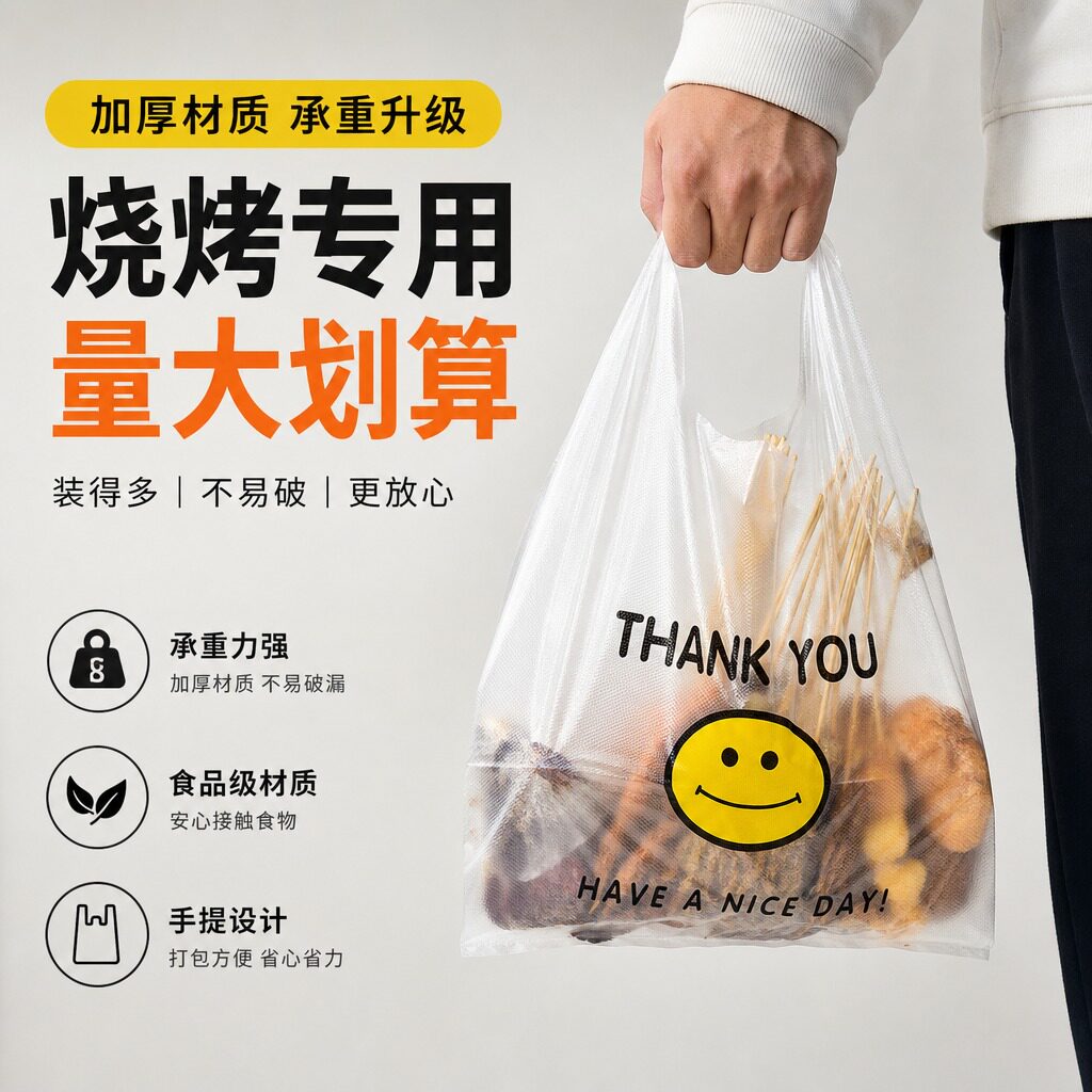 加厚透明笑脸塑料袋食品袋方便袋子大小号外卖购物袋通用商用手提