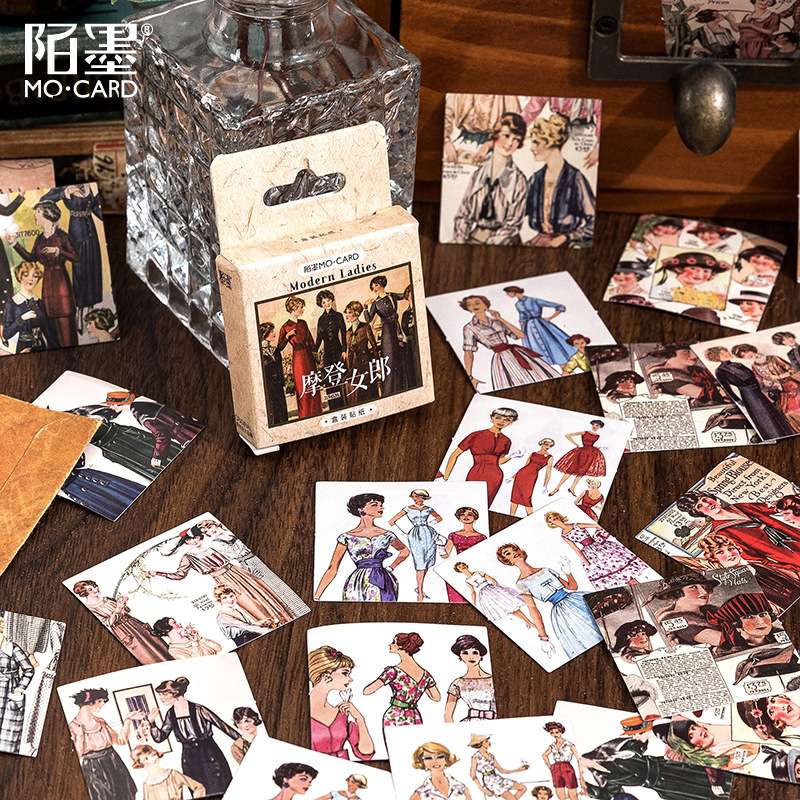 陌墨盒装贴纸摩登女郎创意复古时尚人物手帐装饰素材46枚入和纸