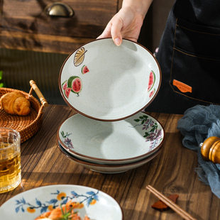 中式陶瓷菜盘子家用复古风餐盘深盘圆盘炒菜碟子高颜值釉下彩餐具