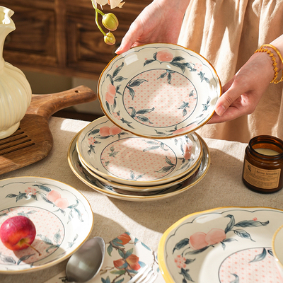 中式复古陶瓷盘子家用菜盘釉下彩