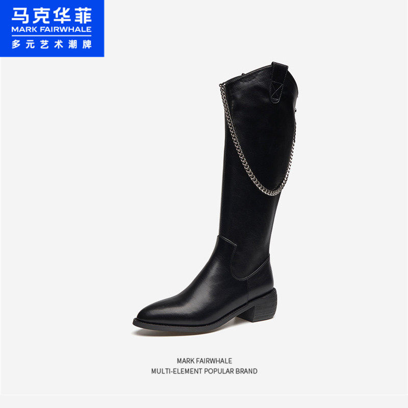 英伦骑士靴女增高中跟长筒靴冬季潮流新款链条装饰不过膝显瘦女靴