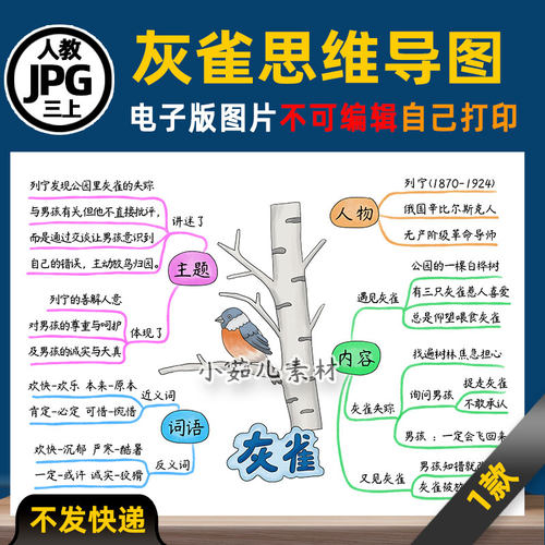 B853三年级语文上册灰雀思维导图电子版可打印线稿图片素材