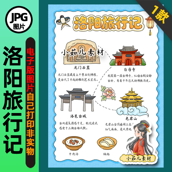 1424【电子版】洛阳旅行记手抄报线稿假期旅行路线图竖版