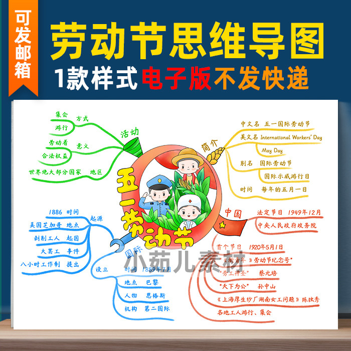 B263五一51国际劳动节思维导图自己打印模板电子版小报黑线稿涂色